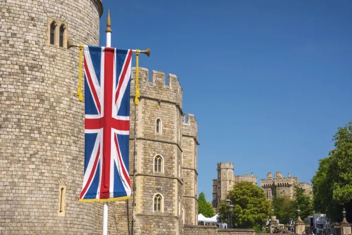 Framed Print : UK, England, Berkshire, Windsor, Windsor Castle, Decorations for wedding of Prince Harry