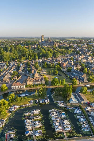 UK, England, Cambridgeshire, Ely, Ely Cathedral with Ely Marina