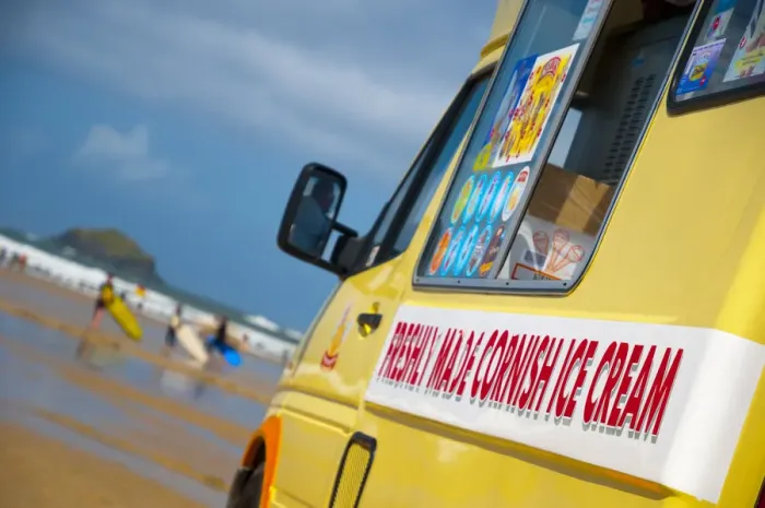 Framed Print : UK, England, Cornwall, Polzeath Beach, Ice Cream Van Framed Print : UK, England, Cornwall, Polzeath Beach, Ice Cream Van