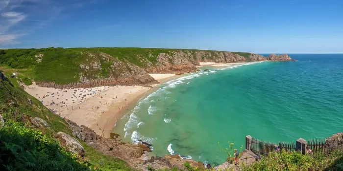 Framed Print : UK, England, Cornwall, Porthcurno Bay, Porthcurno Beach, Pedn Vounder Beach, Logan Rock Headland