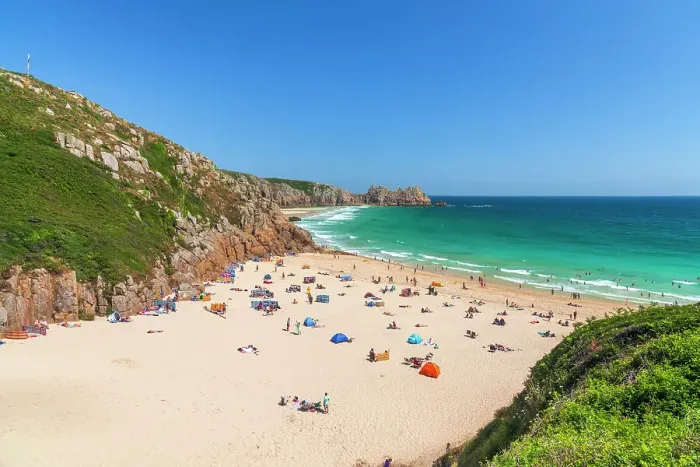 Framed Print : UK, England, Cornwall, Porthcurno Beach, Pedn Vounder Beach and Logan Headland Framed Print : UK, England, Cornwall, Porthcurno Beach, Pedn Vounder Beach and Logan Headland
