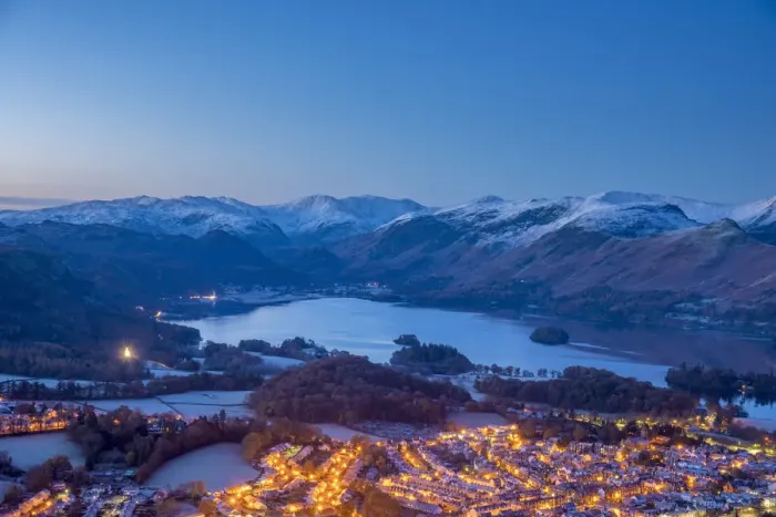 Framed Print : UK, England, Cumbria, Lake District, Keswick and Derwentwater at night Framed Print : UK, England, Cumbria, Lake District, Keswick and Derwentwater at night