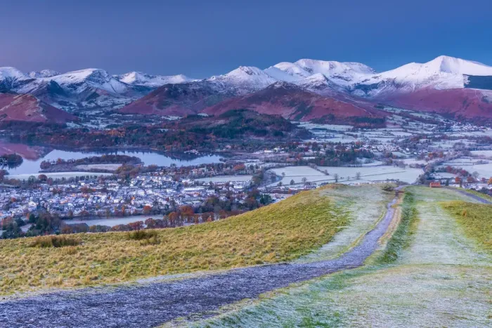 Framed Print : UK, England, Cumbria, Lake District, footpath overlooking Keswick from Latrigg