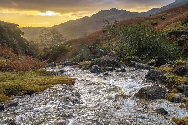 UK, England, Cumbria, Lake District National Park, Blae Tarn, Blaemoss Beck at sunrise