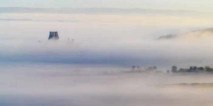 Framed Print : UK, England, Dorset, Corfe Castle rising out of the mist Framed Print : UK, England, Dorset, Corfe Castle rising out of the mist