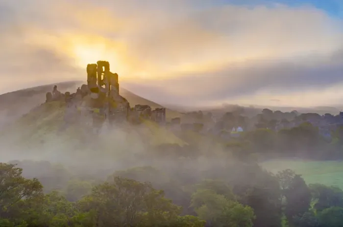 Framed Print : UK, England, Dorset, Corfe Castle at sunrise Framed Print : UK, England, Dorset, Corfe Castle at sunrise