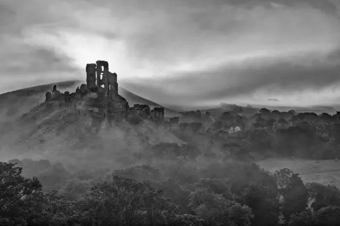 Framed Print : UK, England, Dorset, Corfe Castle at sunrise Framed Print : UK, England, Dorset, Corfe Castle at sunrise