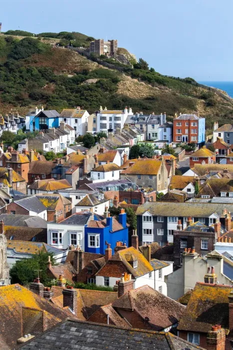 Framed Print : UK, England, East Sussex, Hastings, The centre of Hastings from Castle Hill Framed Print : UK, England, East Sussex, Hastings, The centre of Hastings from Castle Hill
