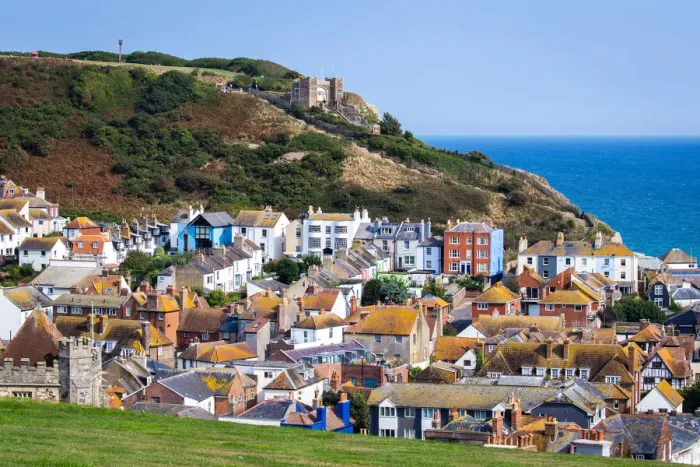 Framed Print : UK, England, East Sussex, Hastings, The centre of Hastings from Castle Hill Framed Print : UK, England, East Sussex, Hastings, The centre of Hastings from Castle Hill