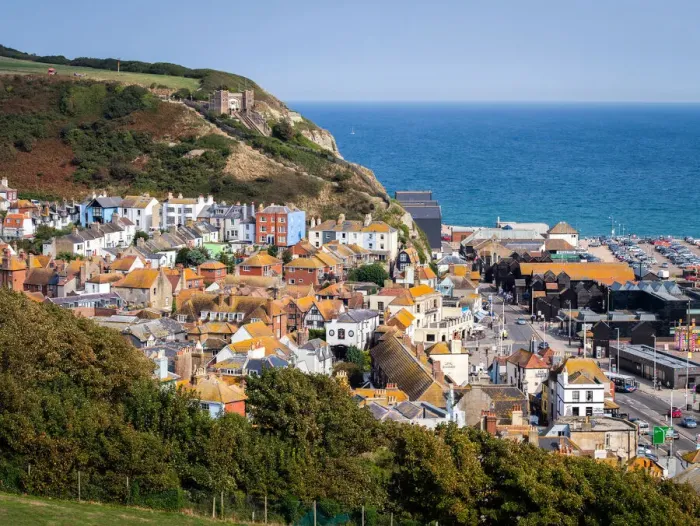 Framed Print : UK, England, East Sussex, Hastings, The centre of Hastings from Castle Hill Framed Print : UK, England, East Sussex, Hastings, The centre of Hastings from Castle Hill