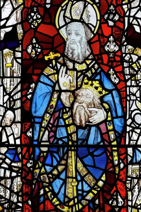 Framed Print : UK, England, English; British; York, York Minster, medieval stained glass; 15th century window; Seventh Century abbot of Lindisfarne St. Cuthbert carrying head of St. Oswald Framed Print : UK, England, English; British; York, York Minster, medieval stained glass; 15th century window; Seventh Century abbot of Lindisfarne St. Cuthbert carrying head of St. Oswald
