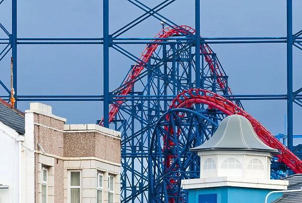 UK, England, Lancashire, Blackpool, Big Dipper Roller Coaster and houses
