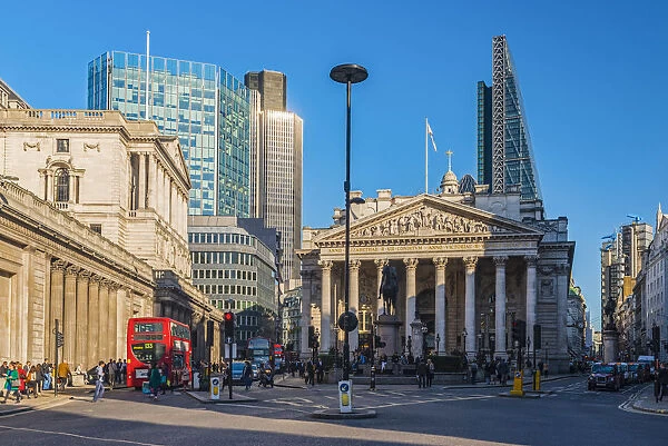 UK, England, London, The City, Bank of England (left) and the Royal Exchange, Tower 42
