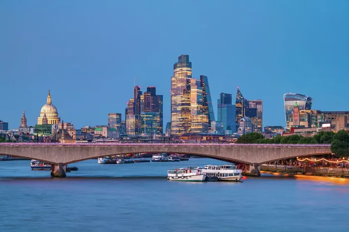 Framed Print : UK, England, London, City of London skyline, Waterloo Bridge over River Thames Framed Print : UK, England, London, City of London skyline, Waterloo Bridge over River Thames