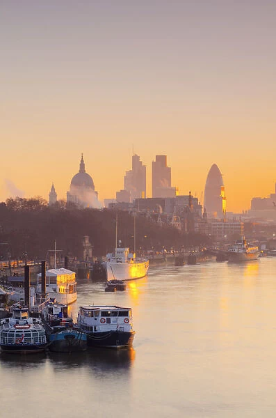 UK, England, London, City of London skyline at sunrise