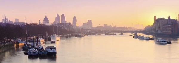 UK, England, London, City of London skyline at sunrise