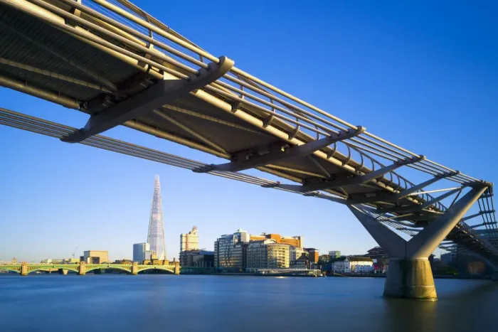 Framed Print : UK, England, London, Millennium Bridge, London Bridge over the River Thames and The Shard