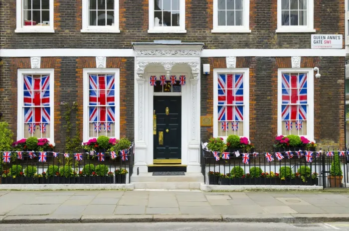 Framed Print : UK, England, London, Queen Annes Gate, house decorated for the wedding of Framed Print : UK, England, London, Queen Annes Gate, house decorated for the wedding of