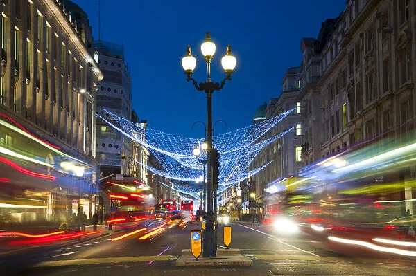 UK, England, London, Regents Street, Christmas Lights and Taxi