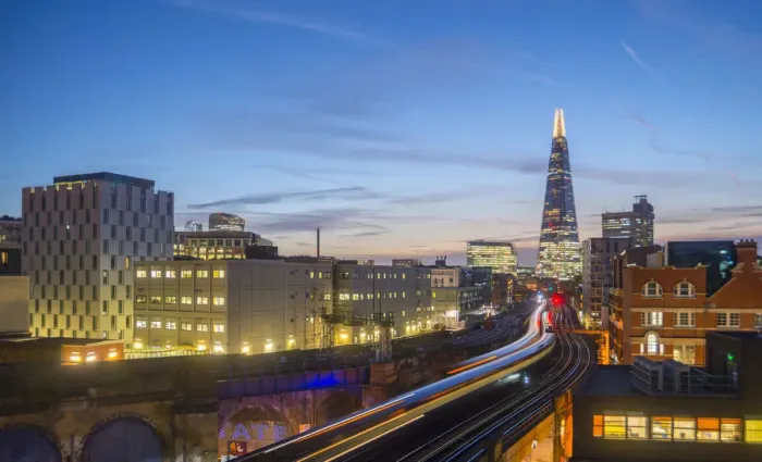 Framed Print : UK, England, London, Southwark, The London Shard and railway lines into London Bridge