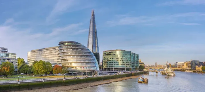 Framed Print : UK, England, London, Southwark, The Shard and City Hall by River Thames