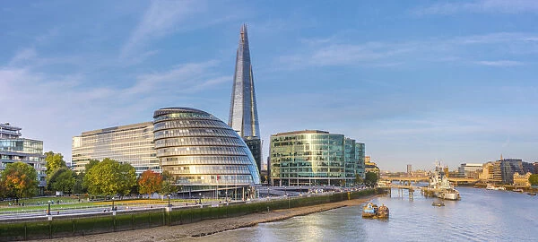 UK, England, London, Southwark, The Shard and City Hall by River Thames