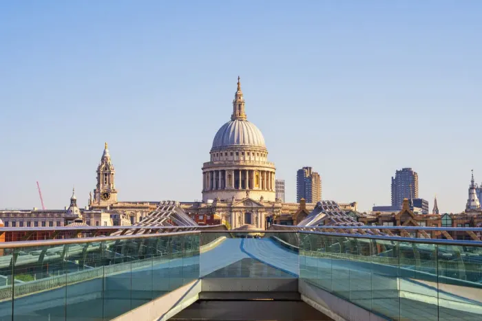Framed Print : UK, England, London, St. Pauls Cathedral and Millennium Bridge over River Thames Framed Print : UK, England, London, St. Pauls Cathedral and Millennium Bridge over River Thames
