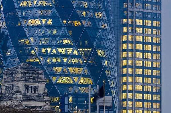 UK, England, London, Swiss Re Building (The Gherkin) and Heron Tower