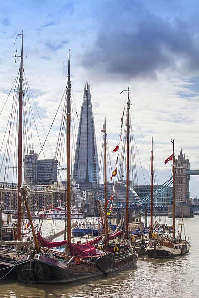 UK, England, London, Tall ships on the Thames river with The Shard, City Hall