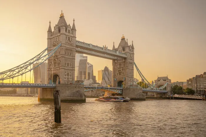 Framed Print : UK, England, London, Tower Bridge and City skyline beyond Framed Print : UK, England, London, Tower Bridge and City skyline beyond