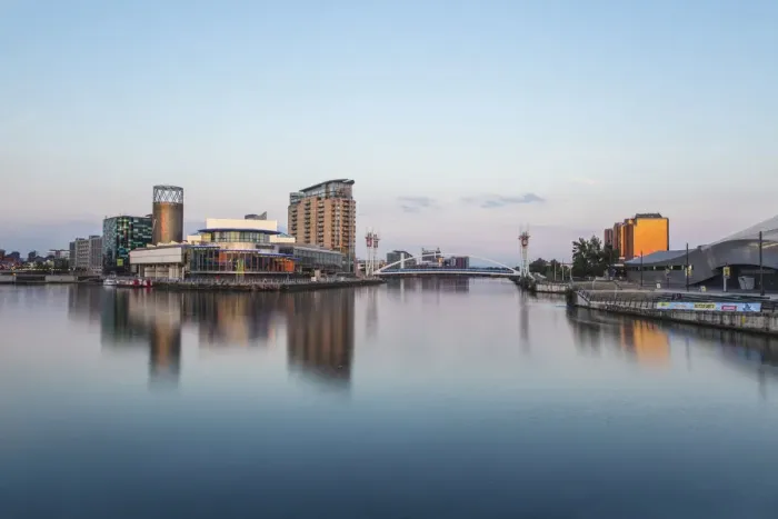 Framed Print : UK, England, Manchester, Salford, Salford Quays, Lowry theatre, footbridge and Quay Framed Print : UK, England, Manchester, Salford, Salford Quays, Lowry theatre, footbridge and Quay