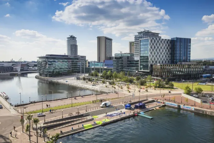 Framed Print : UK, England, Manchester, Salford, View of Salford Quays looking towards Media City Framed Print : UK, England, Manchester, Salford, View of Salford Quays looking towards Media City