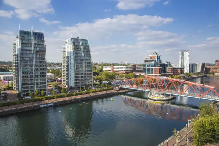 Framed Print : UK, England, Manchester, Salford, Salford Quays, View of Huron Basin and NV Buildings Framed Print : UK, England, Manchester, Salford, Salford Quays, View of Huron Basin and NV Buildings