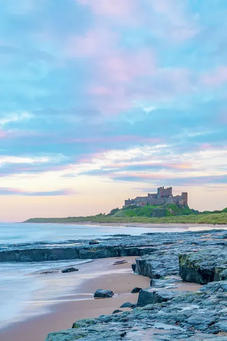 Framed Print : UK, England, Northumberland, Bamburgh, Bamburgh Beach, Bamburgh Castle