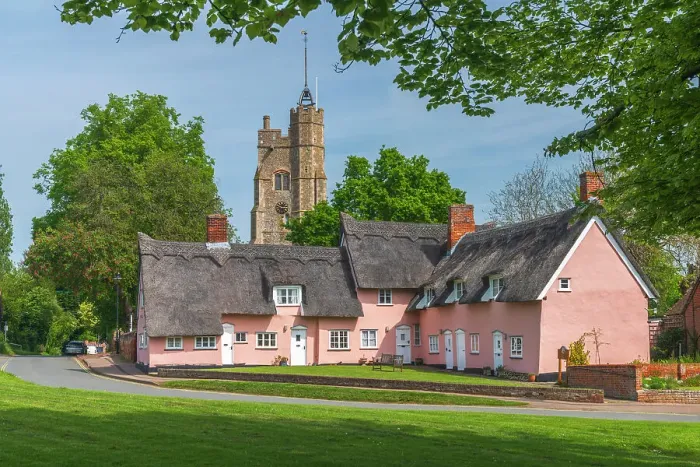 Framed Print : UK, England, Suffolk, Cavendish, St Mary the Virgin's Church and Pink Thatched Cottages Framed Print : UK, England, Suffolk, Cavendish, St Mary the Virgin's Church and Pink Thatched Cottages