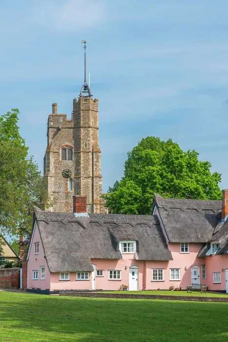 Framed Print : UK, England, Suffolk, Cavendish, St Mary the Virgin's Church and Pink Thatched Cottages Framed Print : UK, England, Suffolk, Cavendish, St Mary the Virgin's Church and Pink Thatched Cottages