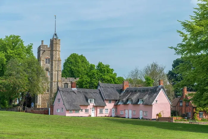 Framed Print : UK, England, Suffolk, Cavendish, St Mary the Virgin's Church and Pink Thatched Cottages Framed Print : UK, England, Suffolk, Cavendish, St Mary the Virgin's Church and Pink Thatched Cottages