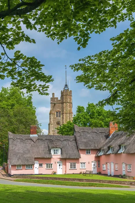 Framed Print : UK, England, Suffolk, Cavendish, St Mary the Virgin's Church and Pink Thatched Cottages Framed Print : UK, England, Suffolk, Cavendish, St Mary the Virgin's Church and Pink Thatched Cottages