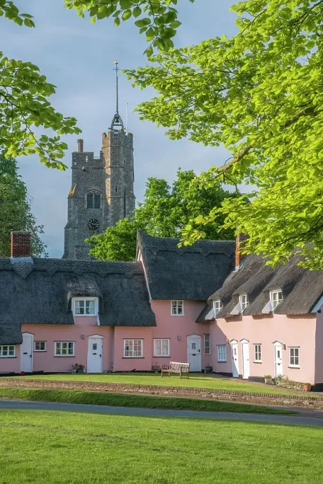 Framed Print : UK, England, Suffolk, Cavendish, St Mary the Virgin's Church and Pink Thatched Cottages Framed Print : UK, England, Suffolk, Cavendish, St Mary the Virgin's Church and Pink Thatched Cottages