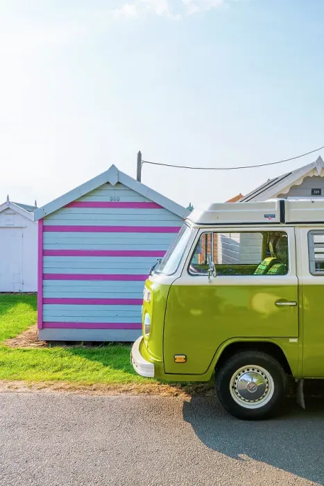 Framed Print : UK, England, Suffolk, Felixstowe, Beach Huts and VW T2 Baywindow Campervan