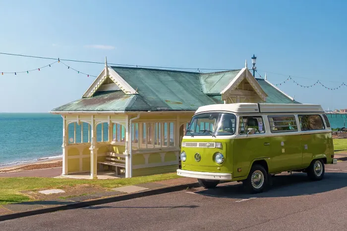 Framed Print : UK, England, Suffolk, Felixstowe, Promenade, beach shelter, VW T2 Baywindow Campervan