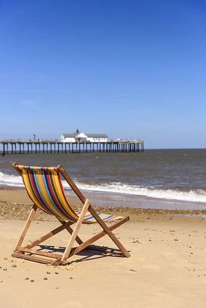 UK, England, Suffolk, Southwold, Southwold Beach and Pier, Deckchair