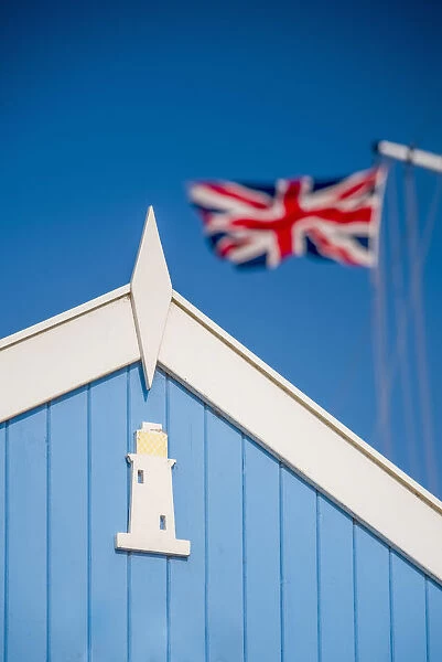 UK, England, Suffolk, Southwold, Promenade, Beach Hut and Union Flag