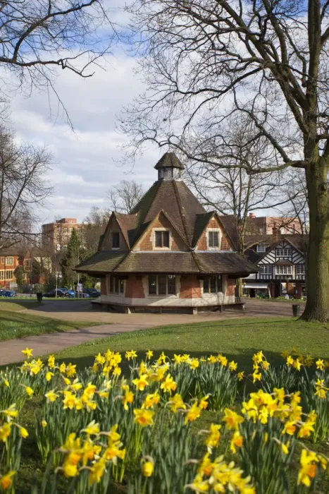 Framed Print : UK, England, West Midlands, Birmingham, Bournville, Daffodils on Bournville Village