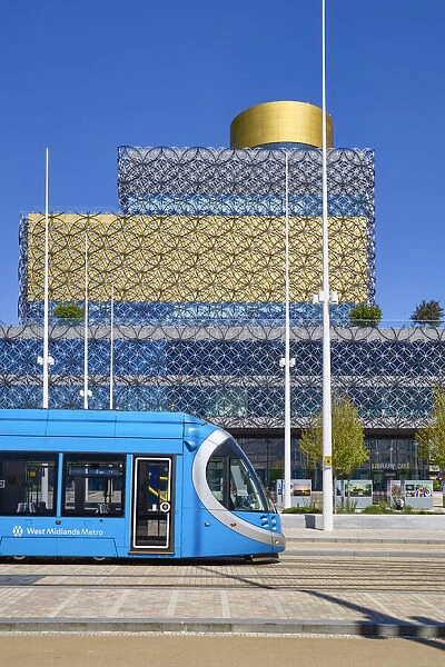 UK, England, West Midlands, Birmingham, Centenary Square, View of tram infront of libary