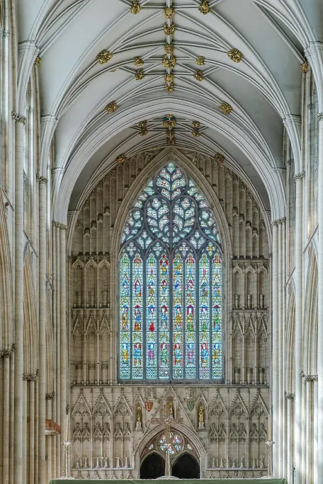 Framed Print : UK, England, York, York Minster, interior; Great West Window (aka Heart of Yorkshire; Richard Ketelbarn c. 1390; decorated gothic style; vaulting & tracery)