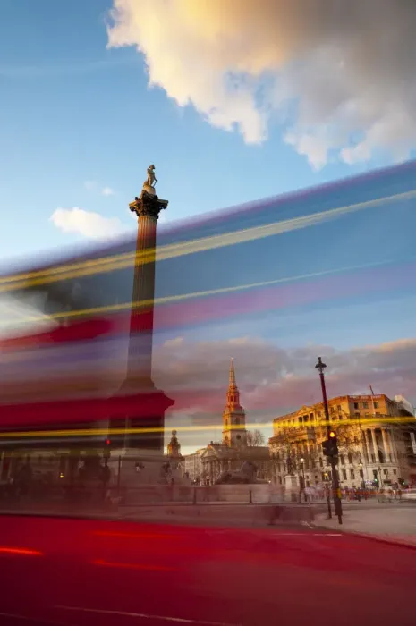 Framed Print : UK, London, Trafalgar Square, Nelsons Column and blurred bus Framed Print : UK, London, Trafalgar Square, Nelsons Column and blurred bus