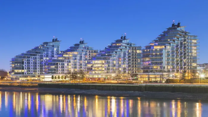 Framed Print : UK, London, A view of Battersea Reach developement from Wandsworth Bridge at dusk Framed Print : UK, London, A view of Battersea Reach developement from Wandsworth Bridge at dusk