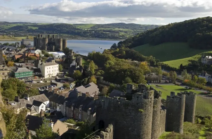 Framed Print : UK, North Wales; Conwy. View of the town and castle with the Conwy River behind Framed Print : UK, North Wales; Conwy. View of the town and castle with the Conwy River behind