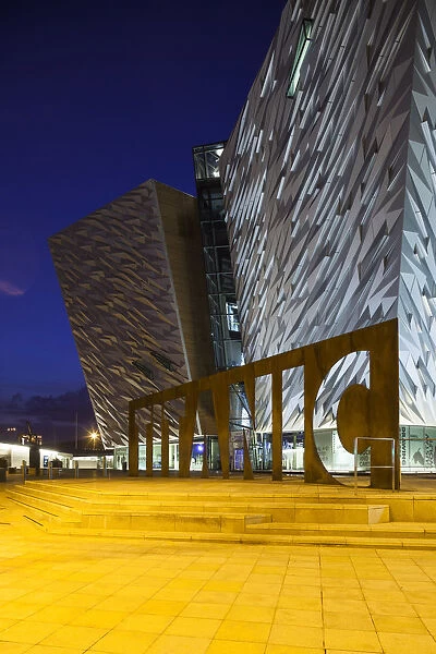 UK, Northern Ireland, Belfast, Belfast Docklands, Titanic Belfast Museum, exterior, dusk